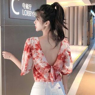Elbow-sleeve Printed Chiffon Ribbon Top