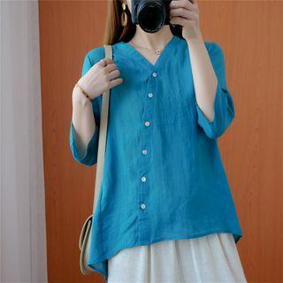 Plain 3/4-sleeve V-neck Blouse