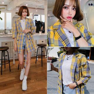 3/4-sleeve Plaid Linen Blazer