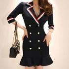 3/4-sleeve Striped Trim Double Breasted Frill Trim Mini Sheath Dress