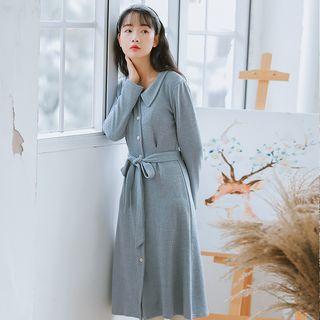 Collared Tie-waist Knit A-line Dress