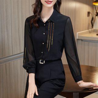 Long-sleeve Pintuck Shirt / Dress Pants / Midi Skirt / Set