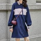 Collared Color Block Long-sleeve T-shirt Dress As Shown In Figure - One Size