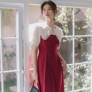Elbow-sleeve Collar Two-tone Midi A-line Dress