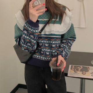 Jacquard Lace Trim Sweater As Shown In Figure - One Size