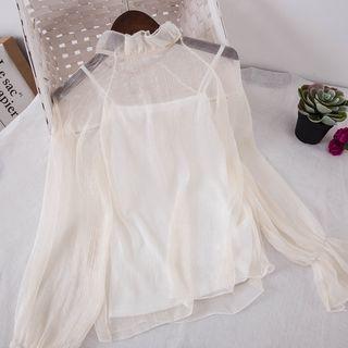 Set: Long-sleeve Frill Collar Mesh Top + Camisole