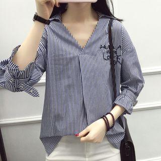 Embroidered Striped V-neck Blouse
