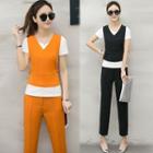 Set: Short-sleeve T-shirt + V-neck Sleeveless Top + Pants