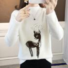 Mock-neck Deer Embroidered Sweater (various Designs)