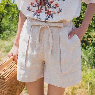 Tie-waist Linen Blend Shorts