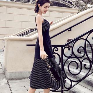 Striped Panel Spaghetti Strap Midi Dress