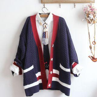 Contrast Trim Cable Knit Cardigan / Shirt / Set