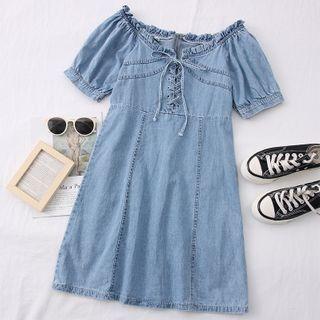 Boatneck Ruffled-trim Lace-up Denim Mini Dress
