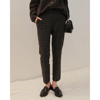 Elastic-waist Plaid Tapered Dress Pants
