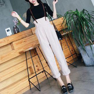 Set: Elbow-sleeve Top + Wide-leg Suspender Pants