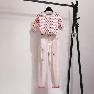 Short Sleeve Pattern Knit Top / Distressed Straight-cut Pants / Set