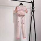 Short Sleeve Pattern Knit Top / Distressed Straight-cut Pants / Set