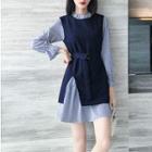 Set: Slit-front Vest + Long-sleeve Striped A-line Mini Dress