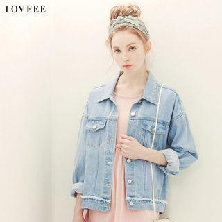 Stand-collar Single-breasted Long-sleeved Loose-fit Pocketed Plain Denim Jacket