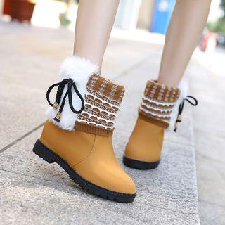 Furry Trim Knit Panel Short Boots