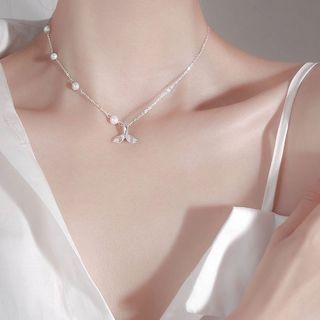 925 Sterling Silver Whale Tail Faux Pearl Necklace