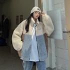 Color Block Zip-up Furry Jacket Beige - One Size