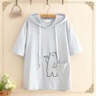 Bear Embroidered Short-sleeve Hooded T-shirt