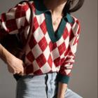 Color-block Argyle V-neck Long-sleeve Sweater