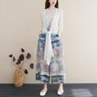 Set: Short-sleeve Blouse + Printed Wide Leg Pants + Short-sleeve Chiffon Jacket