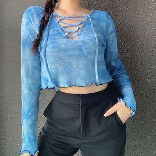 Long-sleeve Lace-up Tie-dyed T-shirt