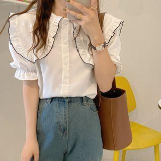 Puff-sleeve Collar Contrast Trim Blouse