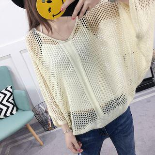 3/4-sleeve Perforated Knit Top