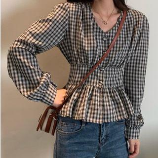 Checked V-neck Blouse Plaid - Black & White - One Size