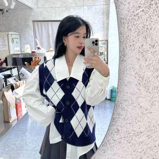 Argyle Button-up Sweater Vest / Puff-sleeve Shirt