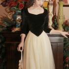 3/4-sleeve Velvet Panel Midi A-line Dress
