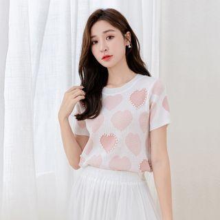 Heart Print Short-sleeve Knit T-shirt Pink - One Size