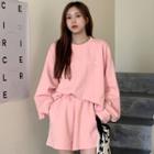 Set: Long-sleeve Loose-fit Sweatshirt + Elastic-waist Sweatshorts