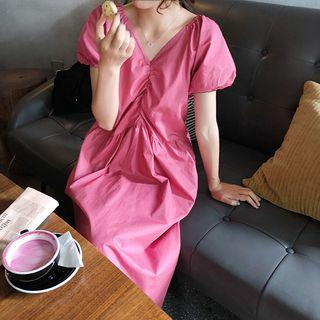 Puff-sleeve Open Back Plain Dress