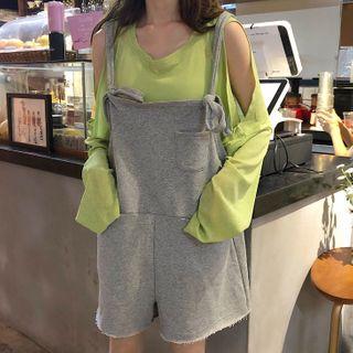 Cold-shoulder Long-sleeve T-shirt / Mini A-line Pinafore Shorts