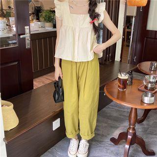 Sleeveless Ruffle Tunic Blouse / Cropped Harem Pants