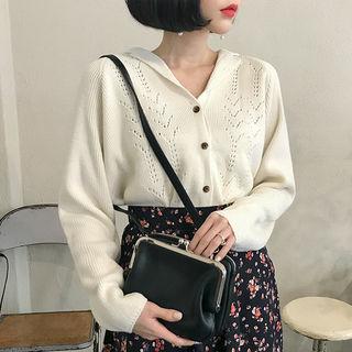 Notched-collar Raglan-sleeve Pointelle-knit Cardigan