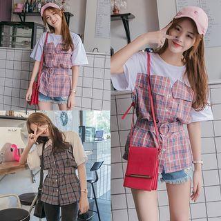 Plaid Mock Two-piece Short-sleeve T-shirt