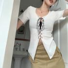 Short-sleeve Lace-up Slim-fit Top / Plain Mini Skirt