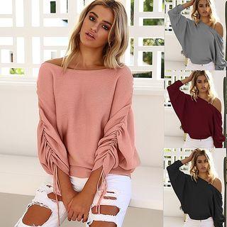 Ruched-sleeve Off Shoulder Sweater