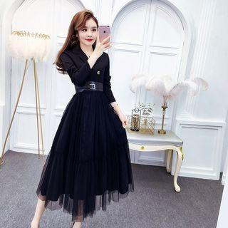 Mock Two-piece Mesh Panel Midi Dress