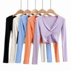 Long-sleeve V-neck Knotted Cropped T-shirt