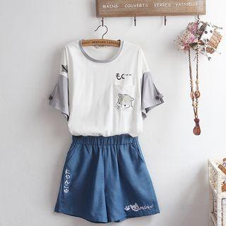 Elbow-sleeve Cartoon T-shirt / Embroidered Wide-leg Shorts / Set
