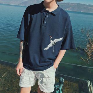 Couple Matching Crane Embroidered Elbow-sleeve Polo Shirt