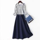 Elbow-sleeve Mock Two-piece Striped A-line Dress