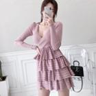 Long-sleeve Mini A-line Tiered Knit Dress Pink - One Size